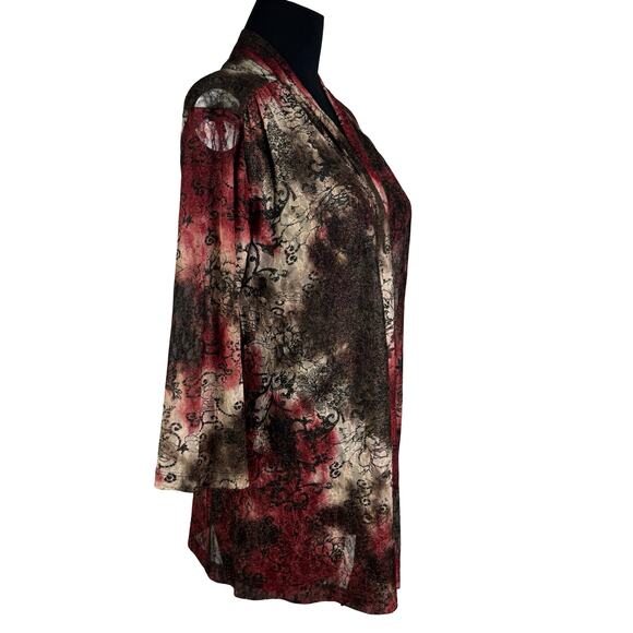 Chico's Size 1 Abstract Lace Mesh Open Cardigan Kimono Shawl Black Red Brown - Picture 4 of 8